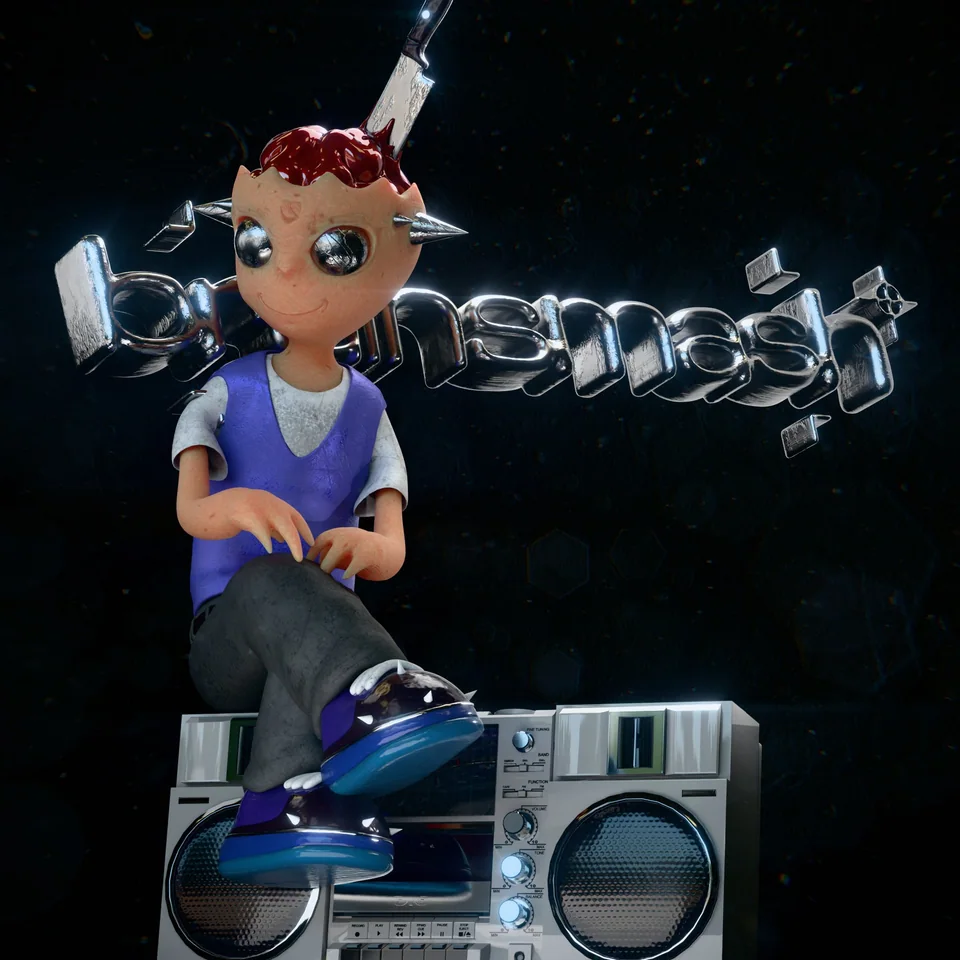 Spike sitting on his boombox